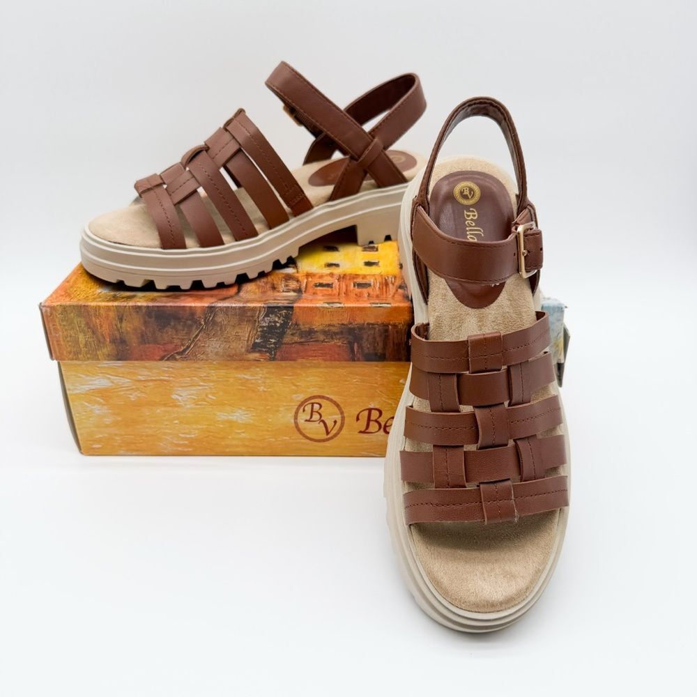 Bella Vita Loni Leather Fisherman Lug Sole Sandals Strappy Dark Tan Brown 8 NEW